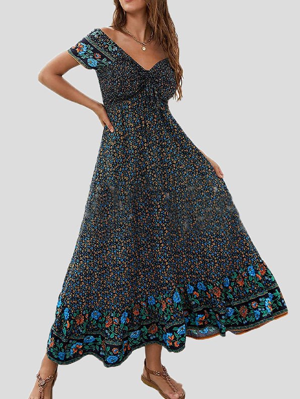 Women's Dresses Bohemian Drawstring Short Sleeve Dress - Maxi Dresses - Instastyled | Online Fashion Free Shipping Clothing, Dresses, Tops, Shoes - 21/07/2022 - Color_Black - Color_Blue
