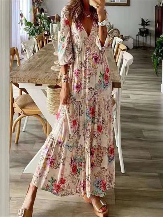Women's Dresses Bohemian Print 3/4 Sleeve Chiffon Dress - Maxi Dresses - Instastyled | Online Fashion Free Shipping Clothing, Dresses, Tops, Shoes - 19/08/2022 - Color_Multicolor - DRE2208195192