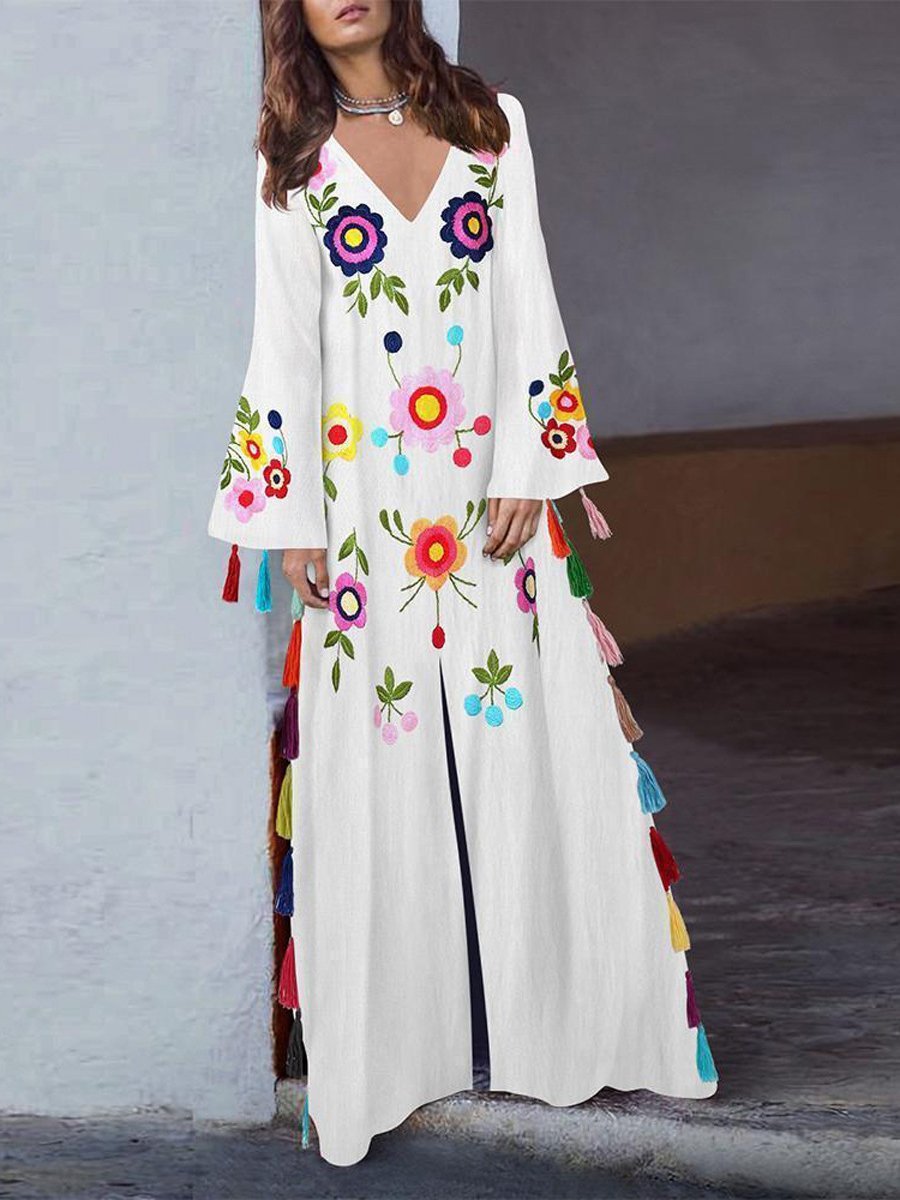 Women's Dresses Bohemian Print Multicolor Fringed Slit Dress - Maxi Dresses - INS | Online Fashion Free Shipping Clothing, Dresses, Tops, Shoes - 13/10/2021 - 30-40 - color-white