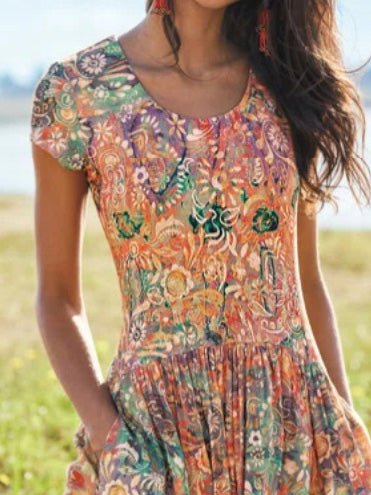 Women's Dresses Bohemian Print Pocket Short Sleeve Dress - Mini Dresses - Instastyled | Online Fashion Free Shipping Clothing, Dresses, Tops, Shoes - 05/08/2022 - Color_Beige - DRE2208055039