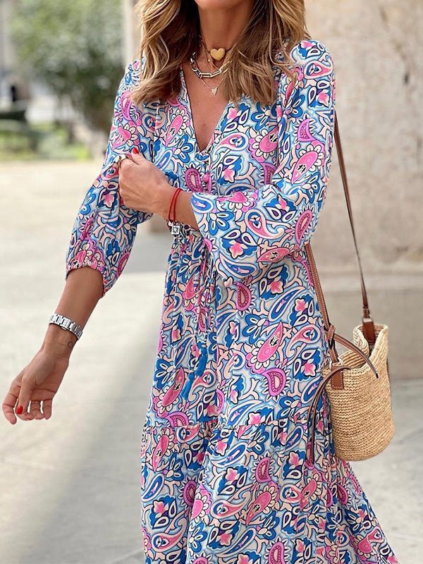 Women's Dresses Bohemian Print V-Neck Long Sleeve Dress - Maxi Dresses - Instastyled | Online Fashion Free Shipping Clothing, Dresses, Tops, Shoes - 29/06/2022 - 30-40 - color-green