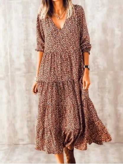 Women's Dresses Bohemian Print V-Neck Long Sleeve Dress - Maxi Dresses - Instastyled | Online Fashion Free Shipping Clothing, Dresses, Tops, Shoes - 22/02/2022 - Color_Brown - DRE2202223595