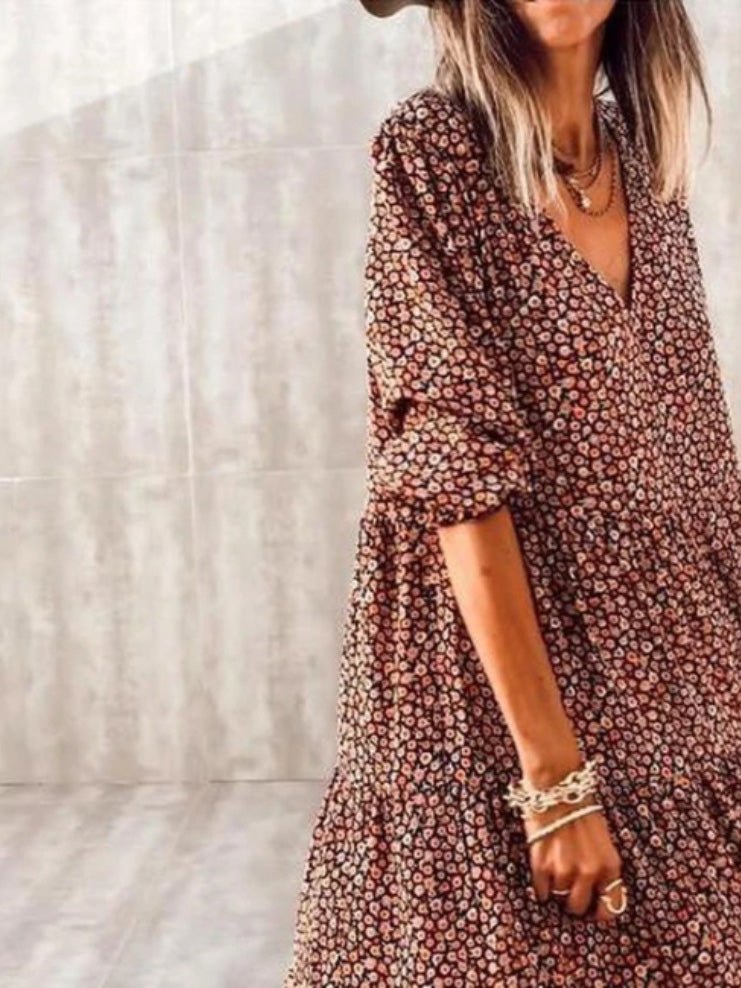 Women's Dresses Bohemian Print V-Neck Long Sleeve Dress - Maxi Dresses - Instastyled | Online Fashion Free Shipping Clothing, Dresses, Tops, Shoes - 22/02/2022 - Color_Brown - DRE2202223595