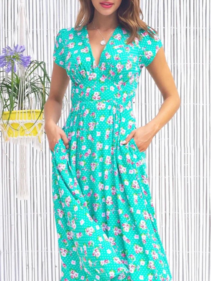 Women's Dresses Bohemian Print V-Neck Pocket Dress - Midi Dresses - Instastyled | Online Fashion Free Shipping Clothing, Dresses, Tops, Shoes - 12/07/2022 - Color_Blue - Color_Green