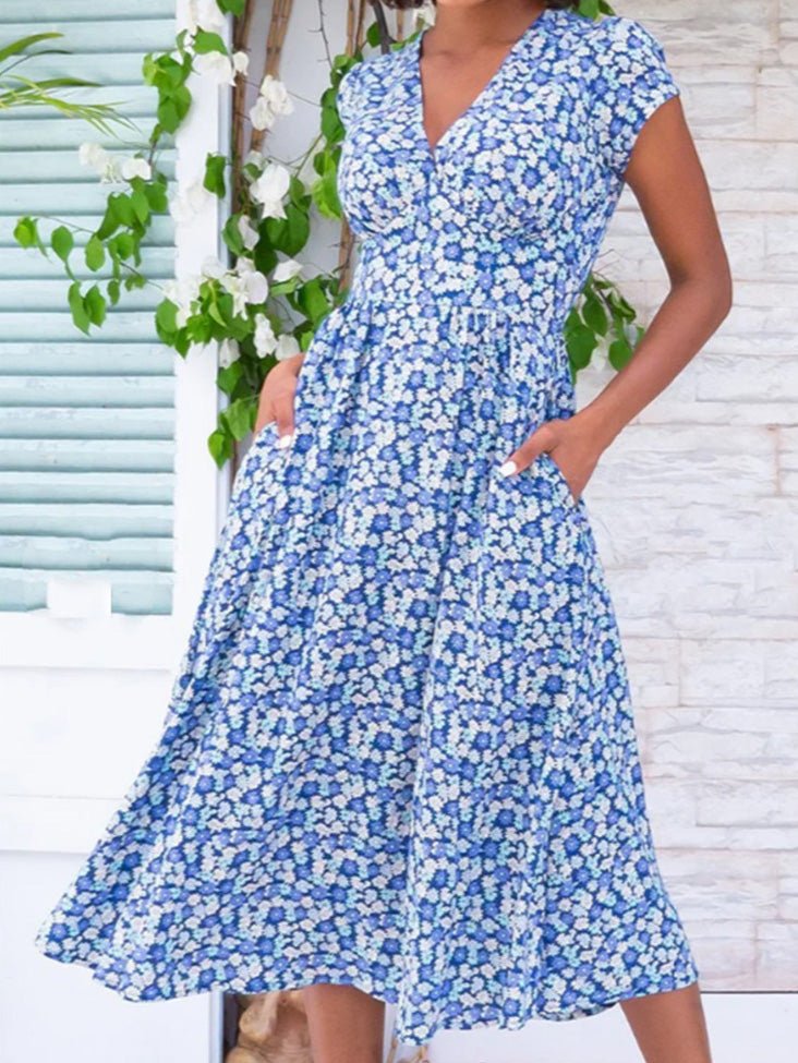 Women's Dresses Bohemian Print V-Neck Pocket Dress - Midi Dresses - Instastyled | Online Fashion Free Shipping Clothing, Dresses, Tops, Shoes - 12/07/2022 - Color_Blue - Color_Green