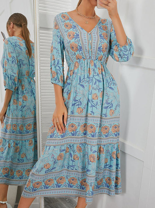 Women's Dresses Bohemian Printed Medium Sleeve Midi Dress - Midi Dresses - Instastyled | Online Fashion Free Shipping Clothing, Dresses, Tops, Shoes - 12/12/2022 - 30-40 - color-light-_blue