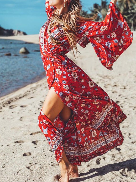 Women's Dresses Boho Print Lace-Up Long Sleeve Dress - Maxi Dresses - Instastyled | Online Fashion Free Shipping Clothing, Dresses, Tops, Shoes - 20/07/2022 - 40-50 - color-red