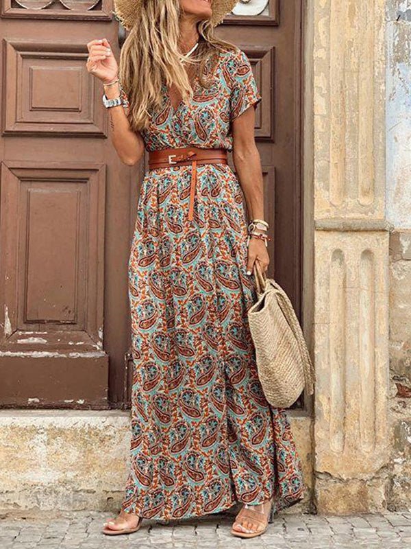 Women's Dresses Boho Print V-Neck Belt Slit Dress - Maxi Dresses - Instastyled | Online Fashion Free Shipping Clothing, Dresses, Tops, Shoes - 24/06/2022 - Color_Brown - Color_Gray