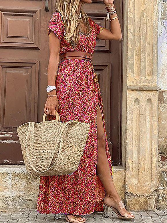 Women's Dresses Boho Print V-Neck Belt Slit Dress - Maxi Dresses - Instastyled | Online Fashion Free Shipping Clothing, Dresses, Tops, Shoes - 24/06/2022 - Color_Brown - Color_Gray