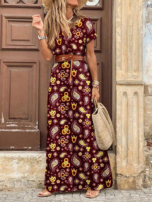 Women's Dresses Boho Print V-Neck Belt Slit Dress - Maxi Dresses - Instastyled | Online Fashion Free Shipping Clothing, Dresses, Tops, Shoes - 24/06/2022 - Color_Brown - Color_Gray