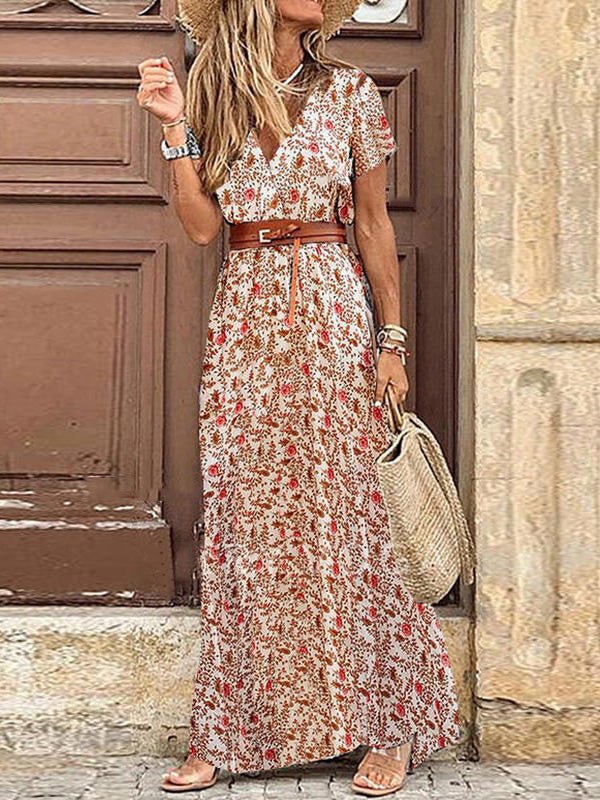 Women's Dresses Boho Print V-Neck Belt Slit Dress - Maxi Dresses - Instastyled | Online Fashion Free Shipping Clothing, Dresses, Tops, Shoes - 24/06/2022 - Color_Brown - Color_Gray