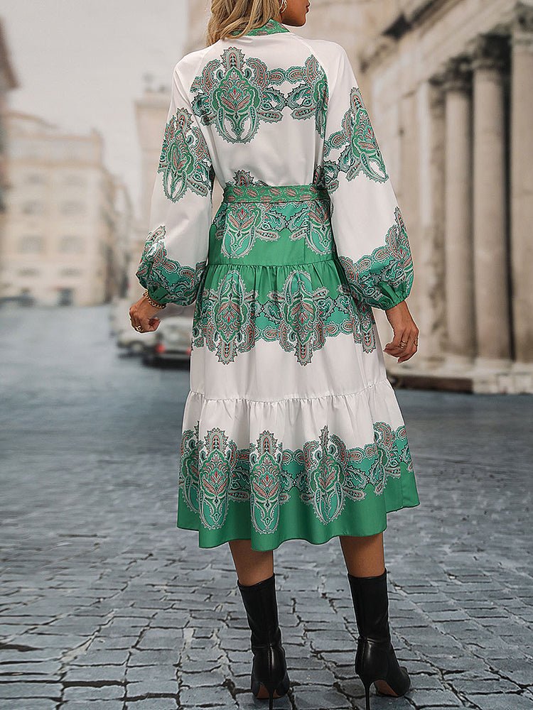 Women's Dresses Bow Tie Puff Sleeve Printed Midi Dress - Midi Dresses - Instastyled | Online Fashion Free Shipping Clothing, Dresses, Tops, Shoes - 11/11/2022 - Color_ Blue - Color_ Green