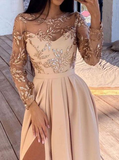 Women's Dresses Bronzed Sequin Long Sleeve Slit Dress - Maxi Dresses - Instastyled | Online Fashion Free Shipping Clothing, Dresses, Tops, Shoes - 10/06/2022 - Color_Apricot - Color_Purple