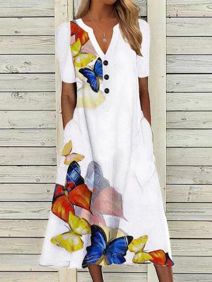 Women's Dresses Butterfly Print V-Neck Button Short Sleeve Pocket Dress - Maxi Dresses - Instastyled | Online Fashion Free Shipping Clothing, Dresses, Tops, Shoes - 18/05/2022 - 30-40 - Casual Dresses