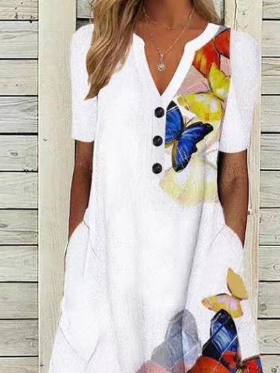 Women's Dresses Butterfly Print V-Neck Button Short Sleeve Pocket Dress - Maxi Dresses - Instastyled | Online Fashion Free Shipping Clothing, Dresses, Tops, Shoes - 18/05/2022 - 30-40 - Casual Dresses