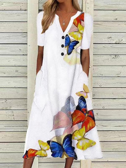 Women's Dresses Butterfly Print V-Neck Button Short Sleeve Pocket Dress - Maxi Dresses - Instastyled | Online Fashion Free Shipping Clothing, Dresses, Tops, Shoes - 18/05/2022 - 30-40 - Casual Dresses