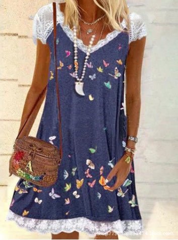 Women's Dresses Butterfly Print V-Neck Lace Casual Dress - Mini Dresses - Instastyled | Online Fashion Free Shipping Clothing, Dresses, Tops, Shoes - 24/02/2022 - 30-40 - Casual Dresses