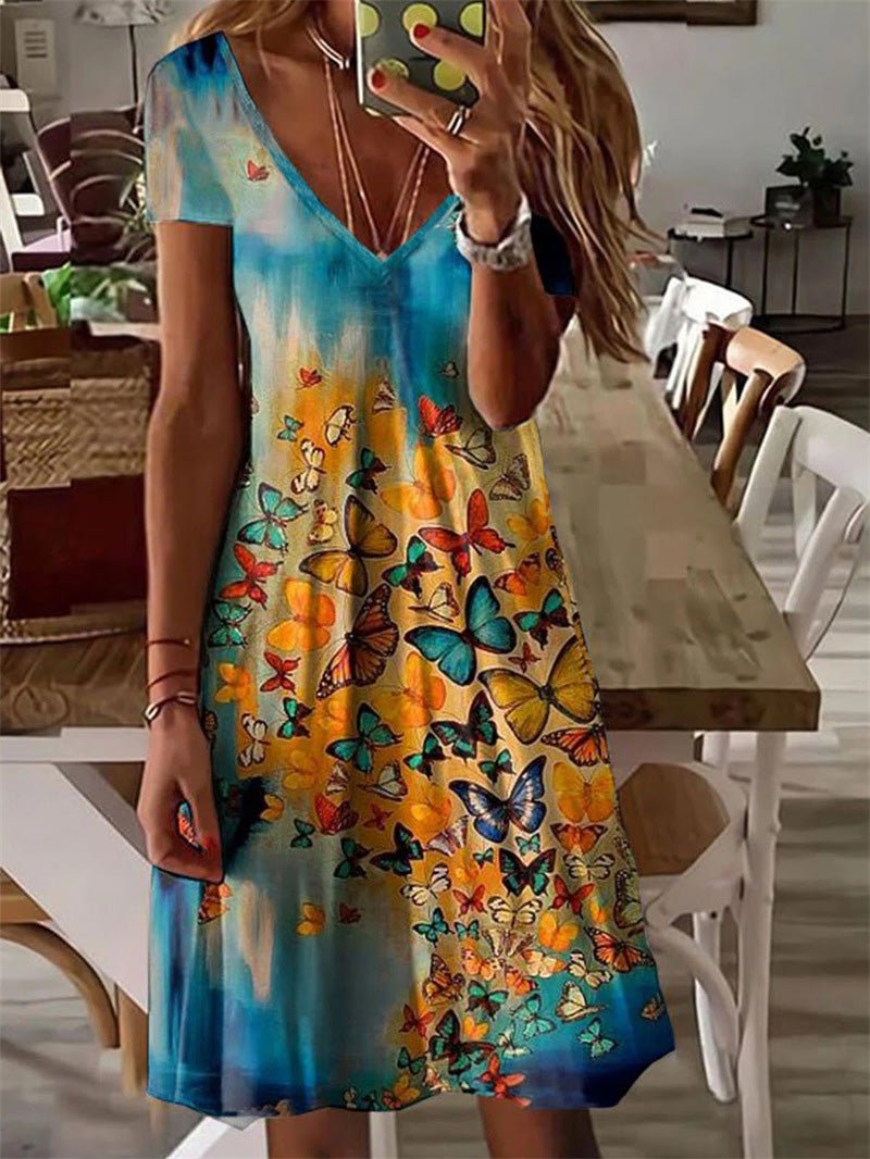 Mini Dresses - Butterfly Print V-Neck Short Sleeve Dress - MsDressly