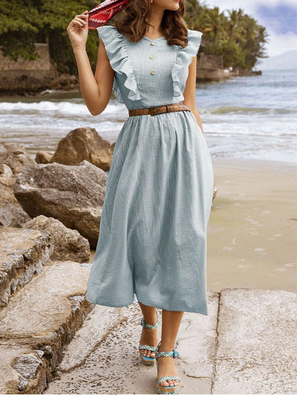 Women's Dresses Button Belt Ruffle Sleeveless Dress - Maxi Dresses - Instastyled | Online Fashion Free Shipping Clothing, Dresses, Tops, Shoes - 29/06/2022 - 30-40 - Casual Dresses