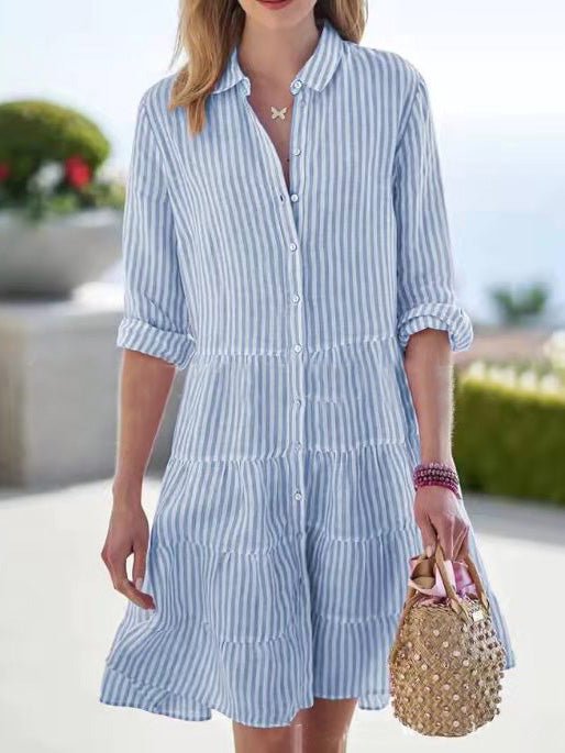 Women's Dresses Button Stripe Long Sleeve Dress - Mini Dresses - Instastyled | Online Fashion Free Shipping Clothing, Dresses, Tops, Shoes - 26/08/2022 - 30-40 - casual-dresses