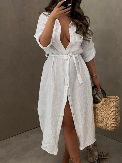 Women's Dresses Buttoned Long Sleeve Belted Shirt Dress - Midi Dresses - INS | Online Fashion Free Shipping Clothing, Dresses, Tops, Shoes - 14/09/2021 - 30-40 - Category_Midi Dresses