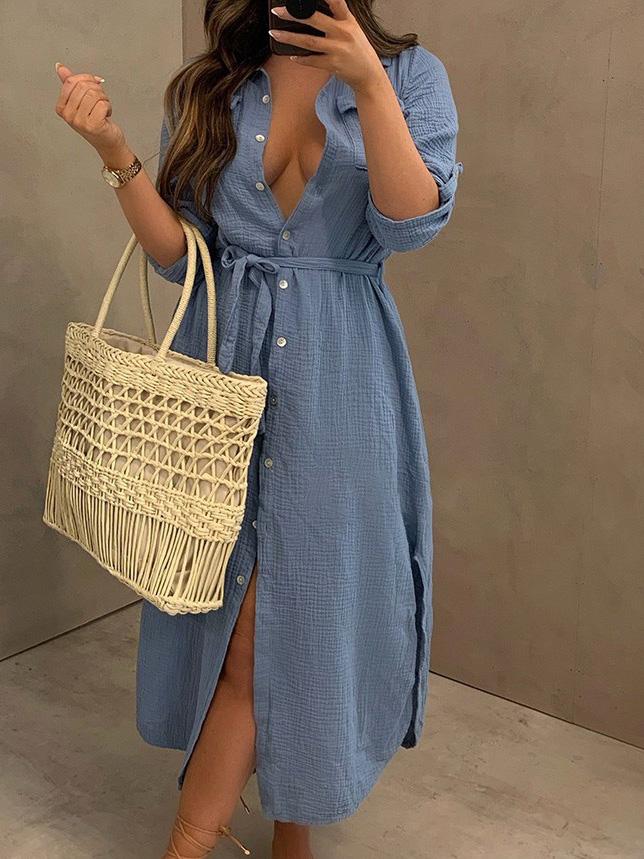 Women's Dresses Buttoned Long Sleeve Belted Shirt Dress - Midi Dresses - INS | Online Fashion Free Shipping Clothing, Dresses, Tops, Shoes - 14/09/2021 - 30-40 - Category_Midi Dresses