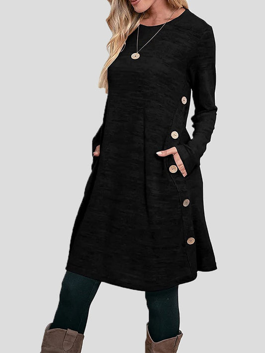 Women's Dresses Buttoned Round Neck Long Sleeve Dress - Midi Dresses - Instastyled | Online Fashion Free Shipping Clothing, Dresses, Tops, Shoes - 21/12/2021 - 30-40 - Casual Dresses
