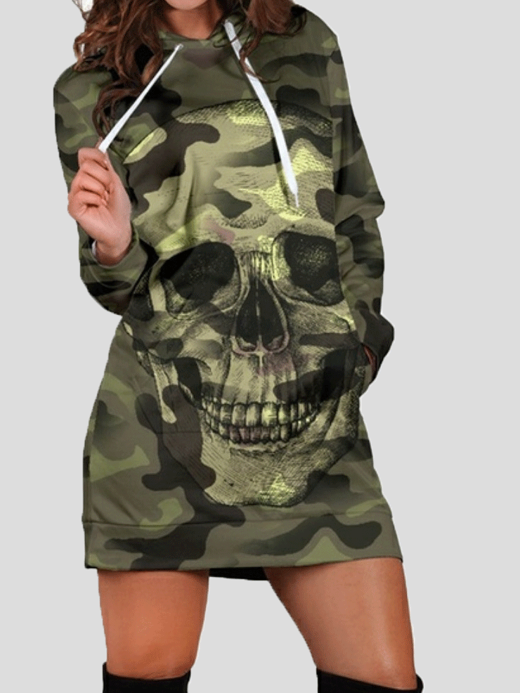 Women's Dresses Camouflage Skull Pocket Long Sleeve Hooded Dress - Mini Dresses - INS | Online Fashion Free Shipping Clothing, Dresses, Tops, Shoes - 20-30 - 23/10/2021 - color-army_green