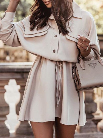 Women's Dresses Casual Belted Long Sleeve Shirt Dress - Mini Dresses - Instastyled | Online Fashion Free Shipping Clothing, Dresses, Tops, Shoes - 05/01/2022 - 40-50 - color-apricot