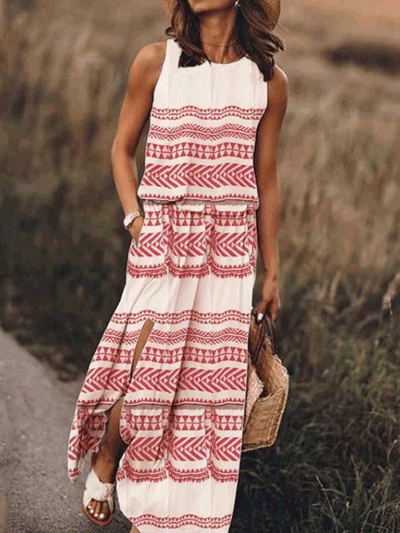 Women's Dresses Casual Crew Neck Printed Slit Dress - Maxi Dresses - Instastyled | Online Fashion Free Shipping Clothing, Dresses, Tops, Shoes - 20/05/2022 - 30-40 - Casual Dresses