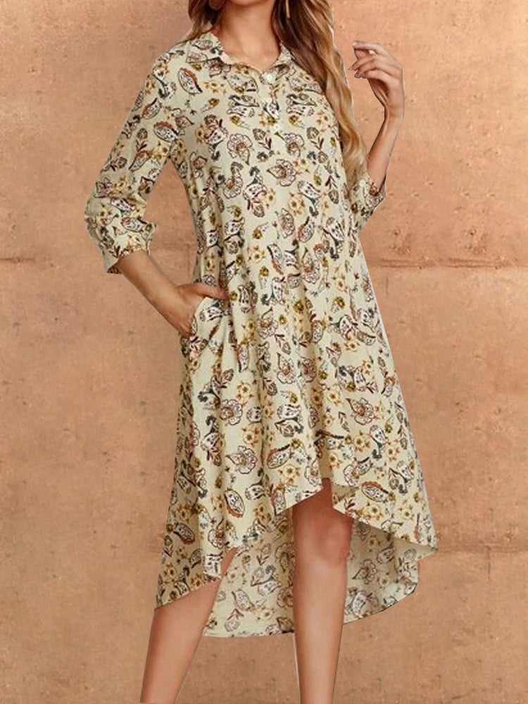 Women's Dresses Casual Floral Pocket Long Sleeve Dress - Midi Dresses - Instastyled | Online Fashion Free Shipping Clothing, Dresses, Tops, Shoes - 25/12/2021 - 30-40 - color-yellow
