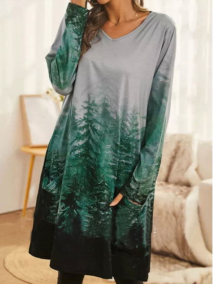 Women's Dresses Casual Forest Print V-Neck Pocket Long Sleeve Dress - Midi Dresses - INS | Online Fashion Free Shipping Clothing, Dresses, Tops, Shoes - 08/11/2021 - 20-30 - color-blue