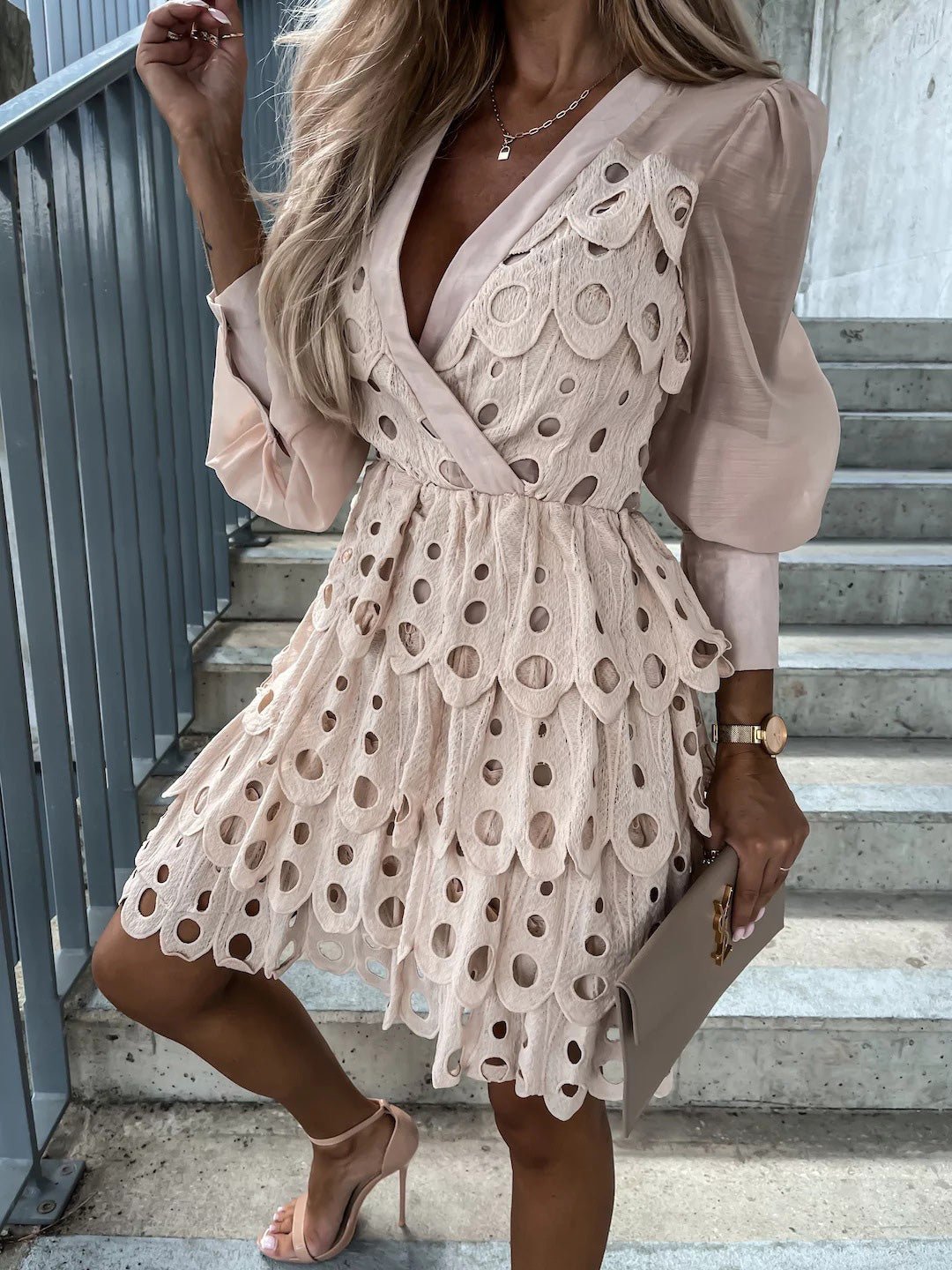 Women's Dresses Casual Hollow Long Sleeve Layered Cake Dress - Mini Dresses - Instastyled | Online Fashion Free Shipping Clothing, Dresses, Tops, Shoes - 08/09/2022 - Casual Dresses - Color_Apricot