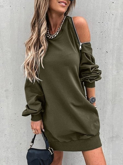 Women's Dresses Casual Off-The-Shoulder Zipper Long Sleeve Dress - Mini Dresses - INS | Online Fashion Free Shipping Clothing, Dresses, Tops, Shoes - 09/10/2021 - Color_Gray - Color_Green