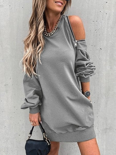 Women's Dresses Casual Off-The-Shoulder Zipper Long Sleeve Dress - Mini Dresses - INS | Online Fashion Free Shipping Clothing, Dresses, Tops, Shoes - 09/10/2021 - Color_Gray - Color_Green