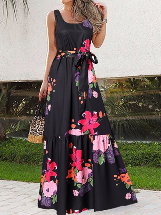 Women's Dresses Casual Print Belt Sleeveless Dress - Maxi Dresses - Instastyled | Online Fashion Free Shipping Clothing, Dresses, Tops, Shoes - 10/05/2022 - Color_Black - Color_Red