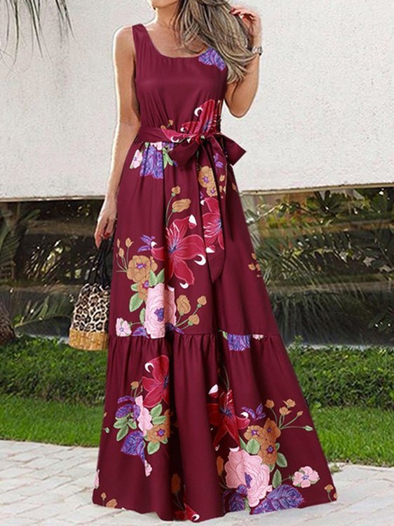 Women's Dresses Casual Print Belt Sleeveless Dress - Maxi Dresses - Instastyled | Online Fashion Free Shipping Clothing, Dresses, Tops, Shoes - 10/05/2022 - Color_Black - Color_Red