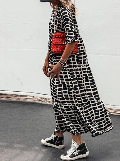 Women's Dresses Casual Printed Check V-Neck Long Sleeve Dress - Maxi Dresses - INS | Online Fashion Free Shipping Clothing, Dresses, Tops, Shoes - 10/08/2021 - 30-40 - Category_Maxi Dresses