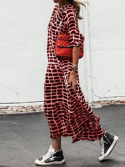 Women's Dresses Casual Printed Check V-Neck Long Sleeve Dress - Maxi Dresses - INS | Online Fashion Free Shipping Clothing, Dresses, Tops, Shoes - 10/08/2021 - 30-40 - Category_Maxi Dresses