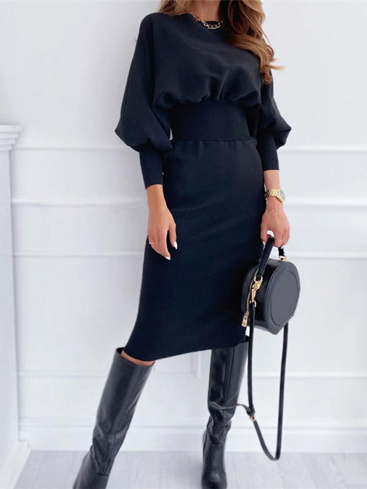 Women's Dresses Casual Solid Round Neck Long Sleeve Dress - Midi Dresses - INS | Online Fashion Free Shipping Clothing, Dresses, Tops, Shoes - 20-30 - 21/08/2021 - Category_Midi Dresses