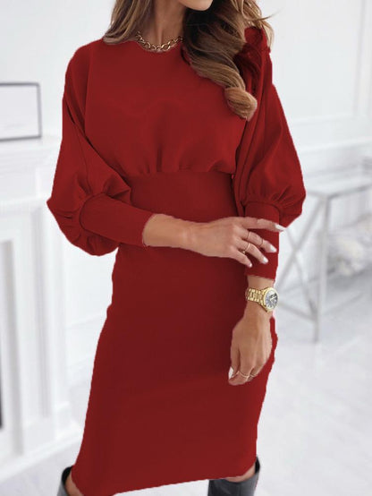 Women's Dresses Casual Solid Round Neck Long Sleeve Dress - Midi Dresses - INS | Online Fashion Free Shipping Clothing, Dresses, Tops, Shoes - 20-30 - 21/08/2021 - Category_Midi Dresses