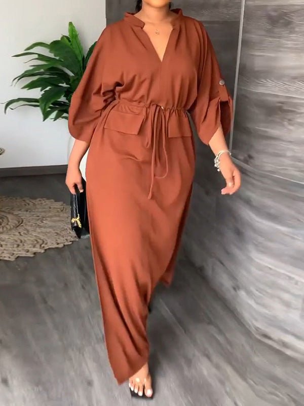 Women's Dresses Casual Solid Tie Long Sleeve Slit Dress - Maxi Dresses - Instastyled | Online Fashion Free Shipping Clothing, Dresses, Tops, Shoes - 08/09/2022 - Casual Dresses - Color_Black