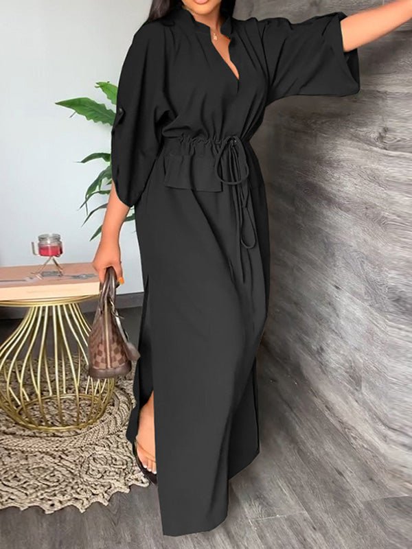 Women's Dresses Casual Solid Tie Long Sleeve Slit Dress - Maxi Dresses - Instastyled | Online Fashion Free Shipping Clothing, Dresses, Tops, Shoes - 08/09/2022 - Casual Dresses - Color_Black