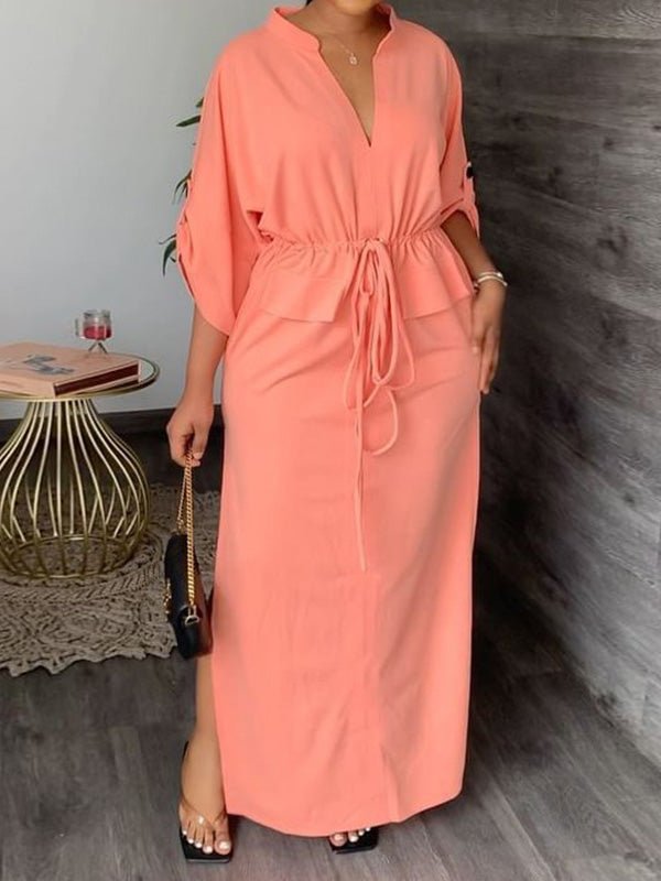 Women's Dresses Casual Solid Tie Long Sleeve Slit Dress - Maxi Dresses - Instastyled | Online Fashion Free Shipping Clothing, Dresses, Tops, Shoes - 08/09/2022 - Casual Dresses - Color_Black