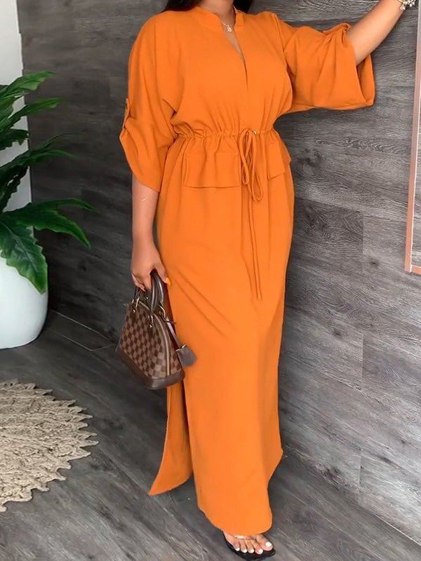 Women's Dresses Casual Solid Tie Long Sleeve Slit Dress - Maxi Dresses - Instastyled | Online Fashion Free Shipping Clothing, Dresses, Tops, Shoes - 08/09/2022 - Casual Dresses - Color_Black