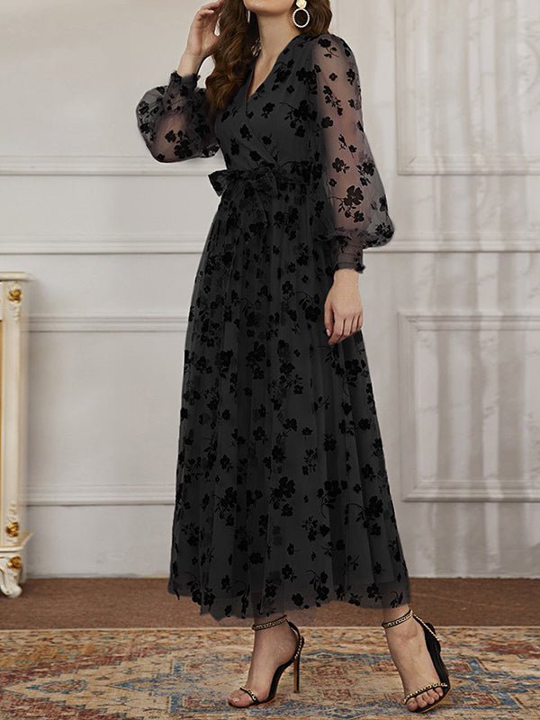 Women's Dresses Casual V-Neck Floral Print Lace High-Waist Midi Dress - Midi Dresses - Instastyled | Online Fashion Free Shipping Clothing, Dresses, Tops, Shoes - 11/1/2023 - Black - color-black