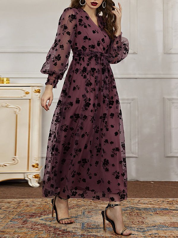 Women's Dresses Casual V-Neck Floral Print Lace High-Waist Midi Dress - Midi Dresses - Instastyled | Online Fashion Free Shipping Clothing, Dresses, Tops, Shoes - 11/1/2023 - Black - color-black