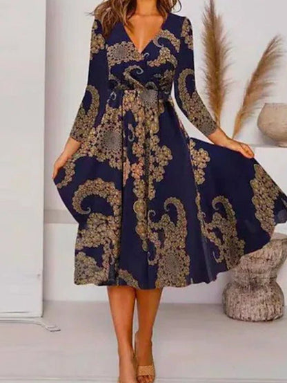 Women's Dresses Casual V-Neck Long Sleeve Print Dress - Midi Dresses - Instastyled | Online Fashion Free Shipping Clothing, Dresses, Tops, Shoes - 01/09/2022 - Casual Dresses - Color_Blue