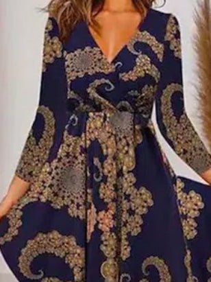 Women's Dresses Casual V-Neck Long Sleeve Print Dress - Midi Dresses - Instastyled | Online Fashion Free Shipping Clothing, Dresses, Tops, Shoes - 01/09/2022 - Casual Dresses - Color_Blue