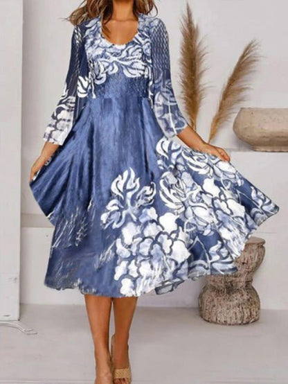 Women's Dresses Casual V-Neck Long Sleeve Print Dress - Midi Dresses - Instastyled | Online Fashion Free Shipping Clothing, Dresses, Tops, Shoes - 01/09/2022 - Casual Dresses - Color_Blue